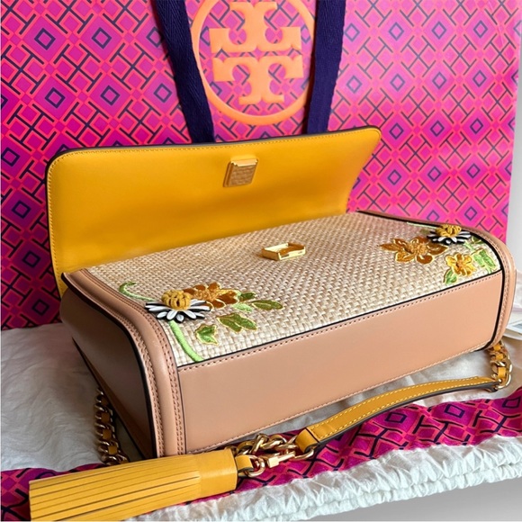 NWT Tory Burch Fleming in Napa Leather and Straw with embroidered floral detail - Picture 8 of 15